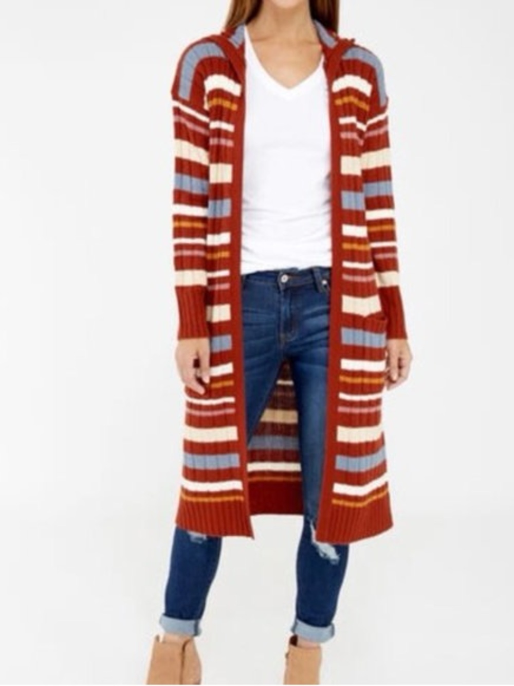 Pink Rose Striped Hooded Long Cardigan - Rust, Blue, Cream, Mustard